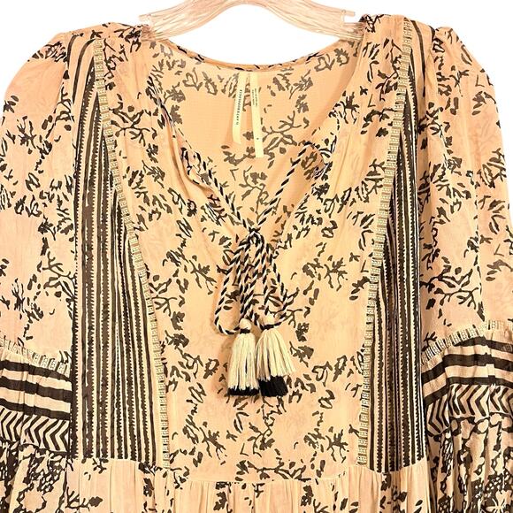 Anthropologie Talulah Tiered Boho Midi Tasseled Dress Black Cream S - Picture 3 of 10